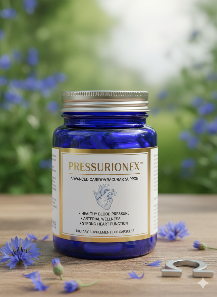 Pressurionex food supplement box and bottle with printed label on a plain background